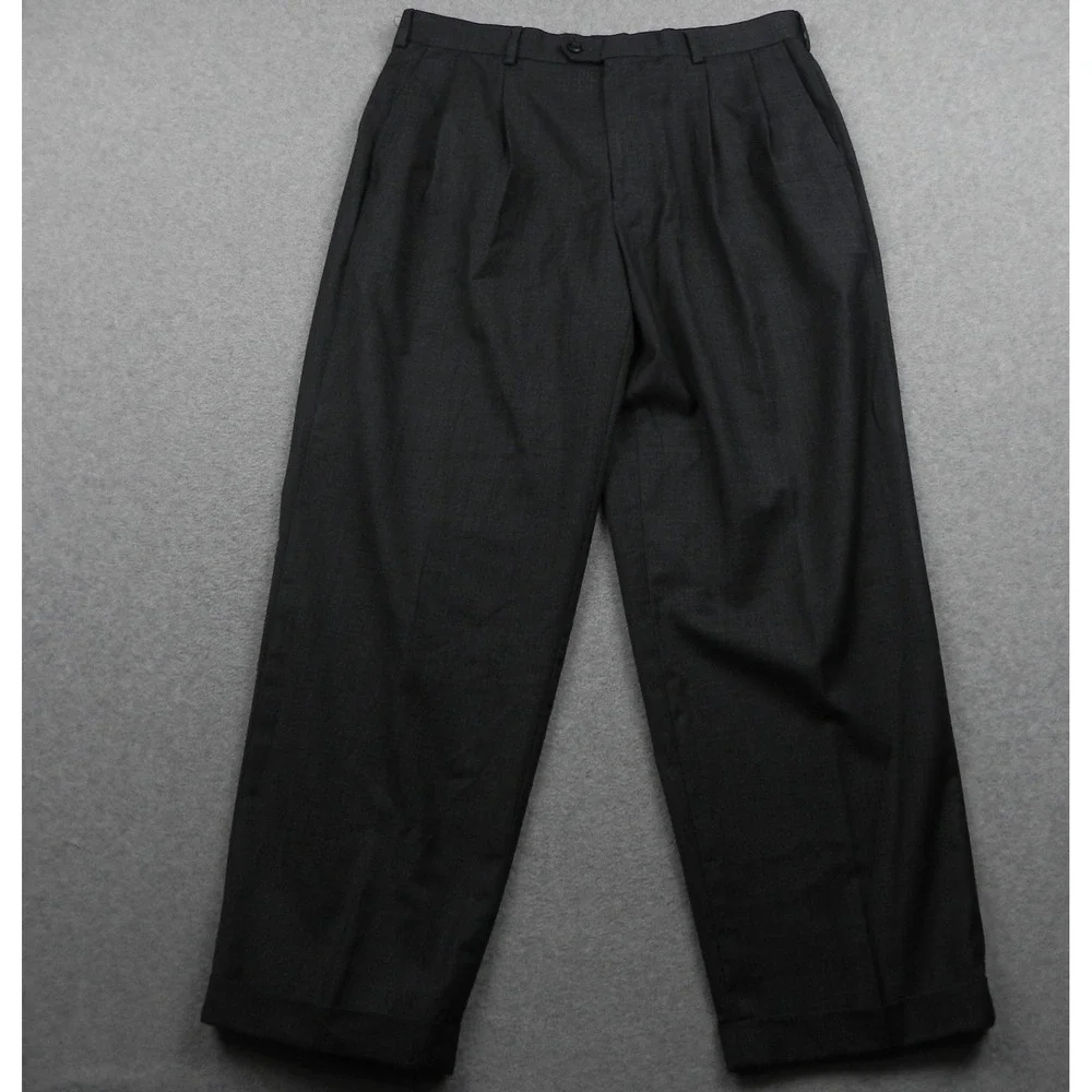 Perry Ellis America Dress Pants Mens 36x30 Pleated Cuffed Charcoal Gray Trousers